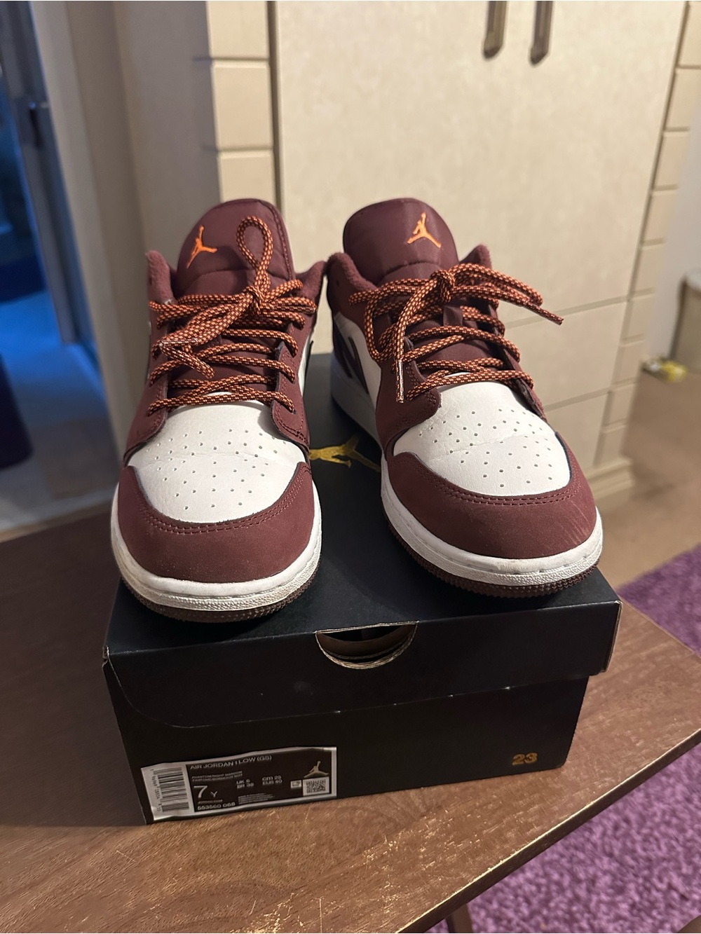 Jordan Kids Low Top Sneakers - Maroon & White with Orange Accent